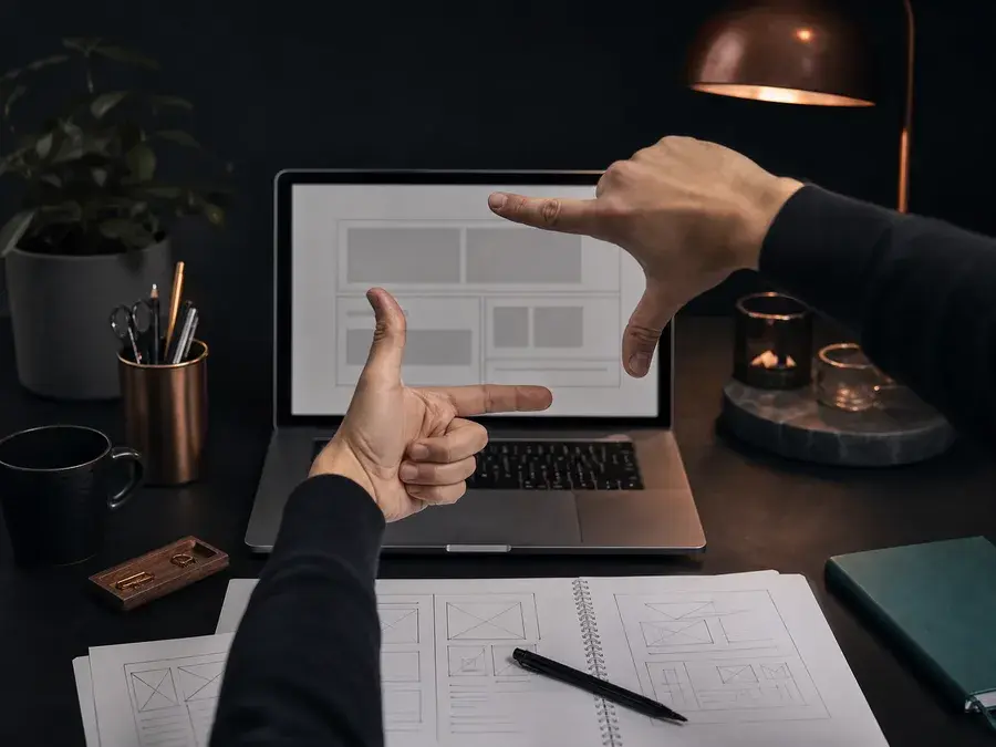 Arbeitstisch mit Notizen zu Webdesign, CMS und SEO
