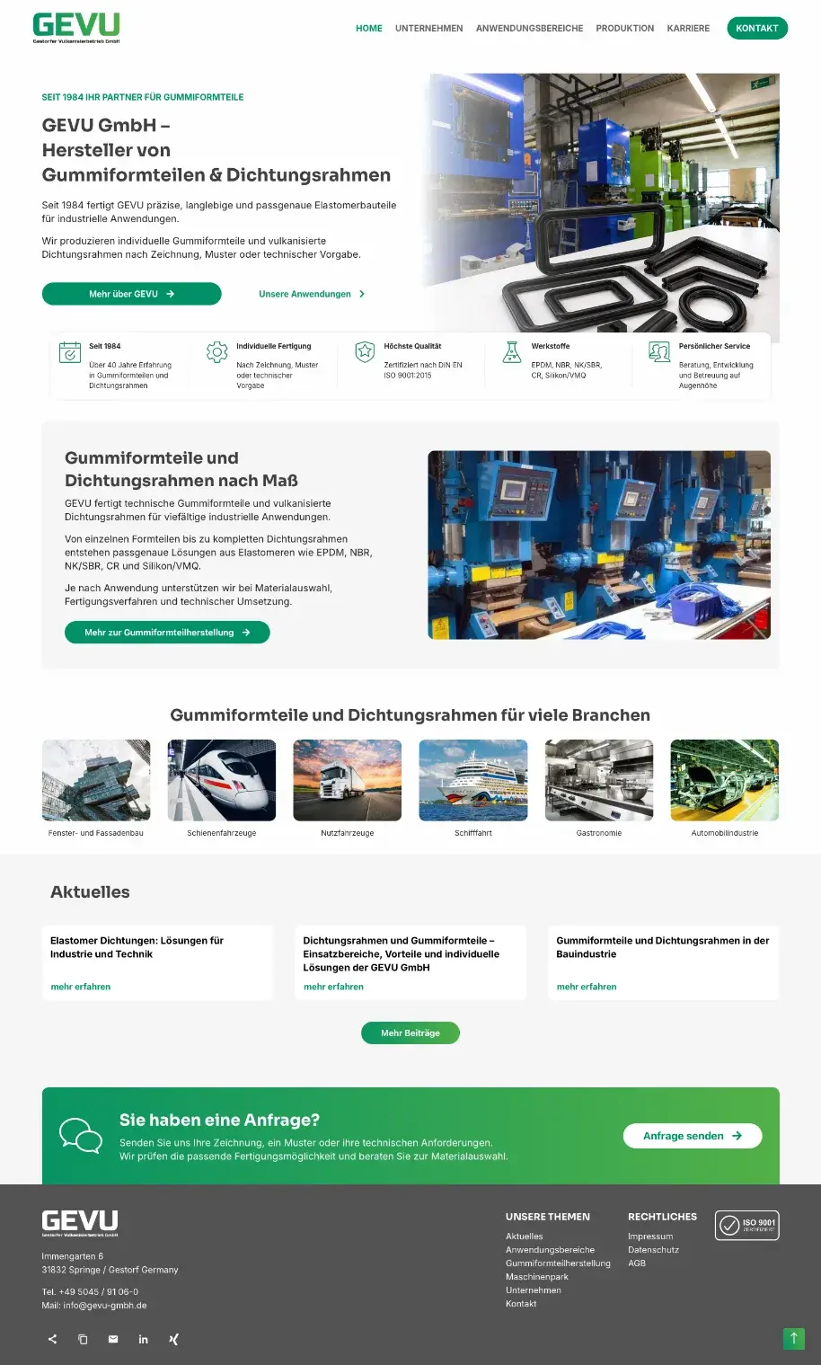 GEVU GmbH Startseite mit Produktion und Anwendungsbereichen