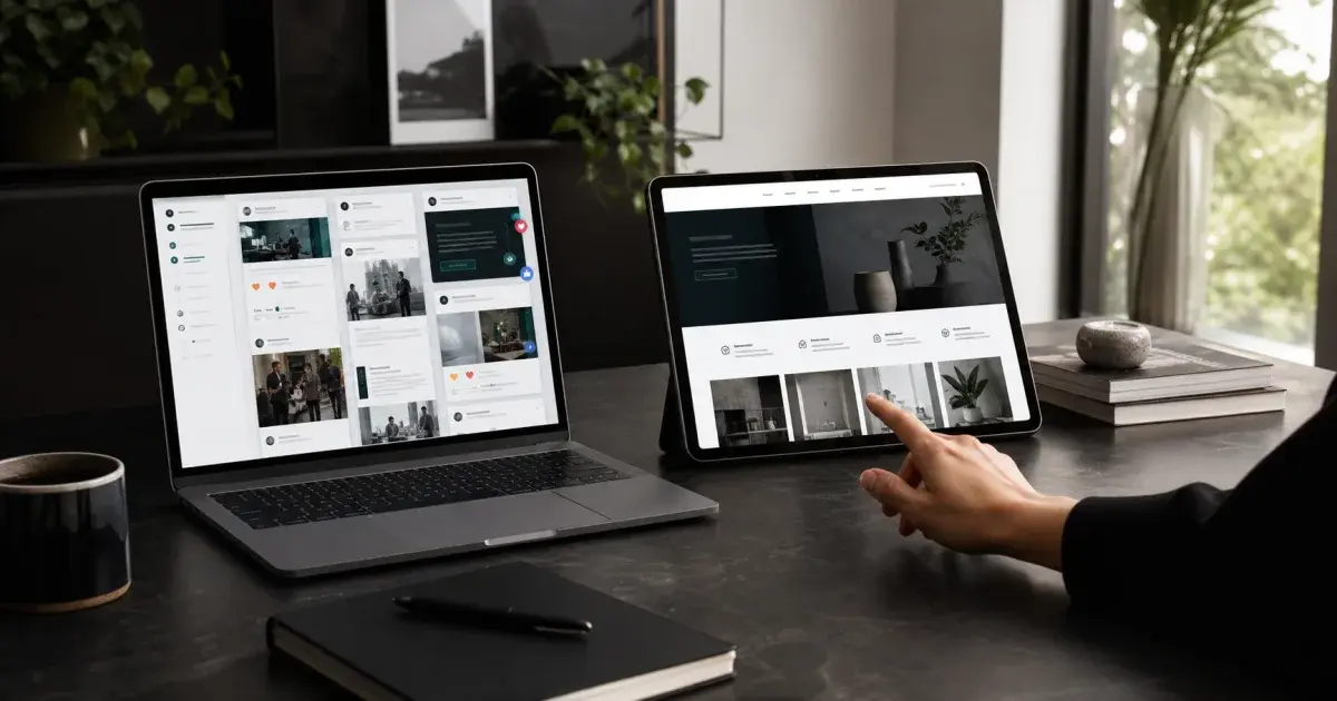Social-Media-Feed neben einer klar strukturierten Unternehmenswebsite auf zwei Bildschirmen