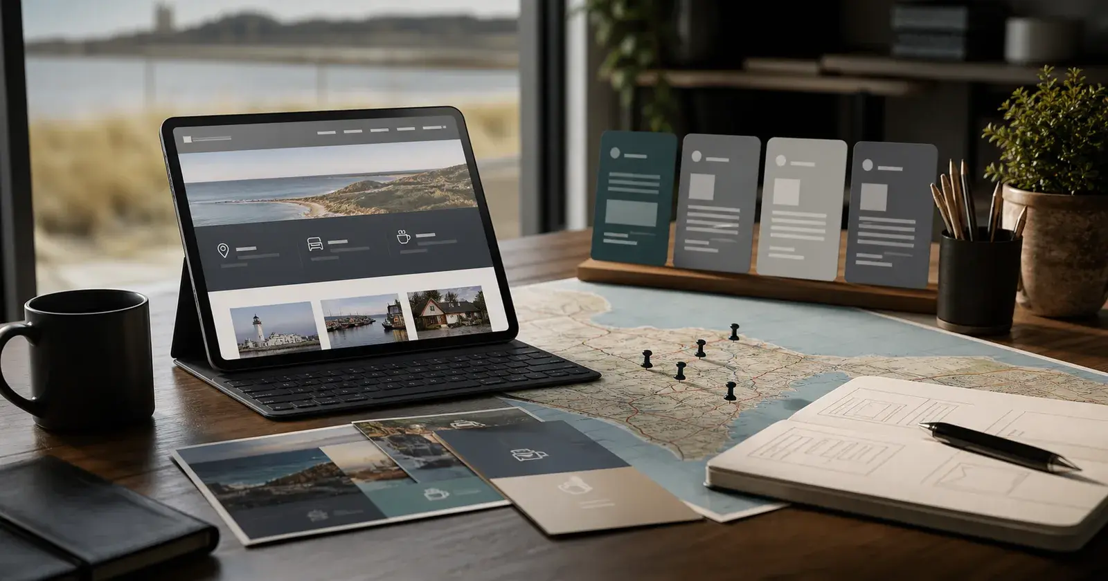 Tablet mit mehrsprachiger Website-Struktur, Karte und Buchungskarten für eine Tourismusregion