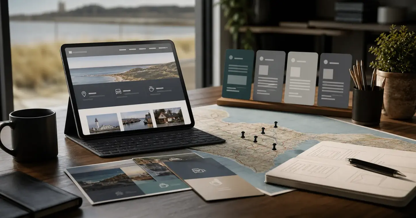 Tablet mit mehrsprachiger Website-Struktur, Karte und Buchungskarten für eine Tourismusregion