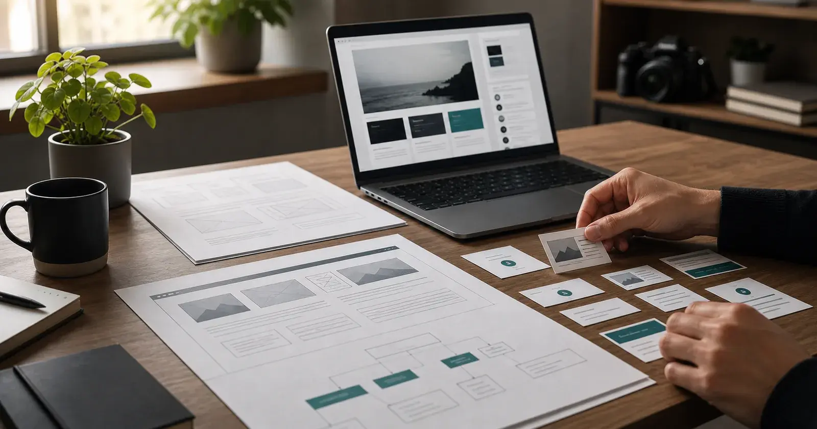 Website-Strategie mit Wireframes, CMS-Karten und Nikon Z7 Kamera auf dem Schreibtisch