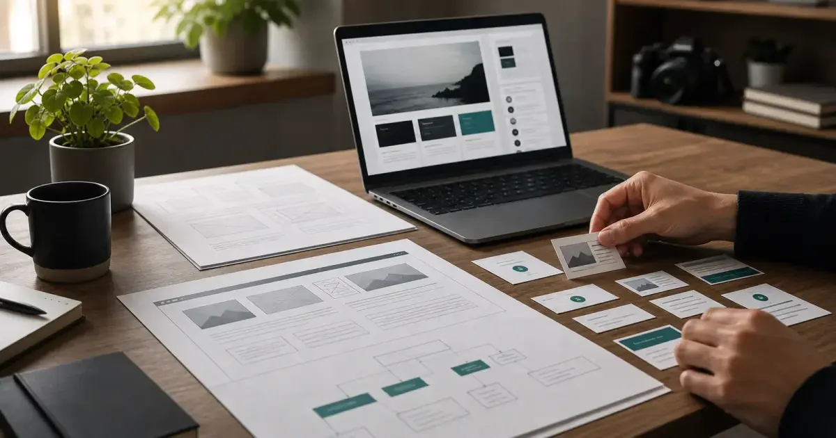 Website-strategi med wireframes, indholdskort og en bærbar computer på skrivebordet
