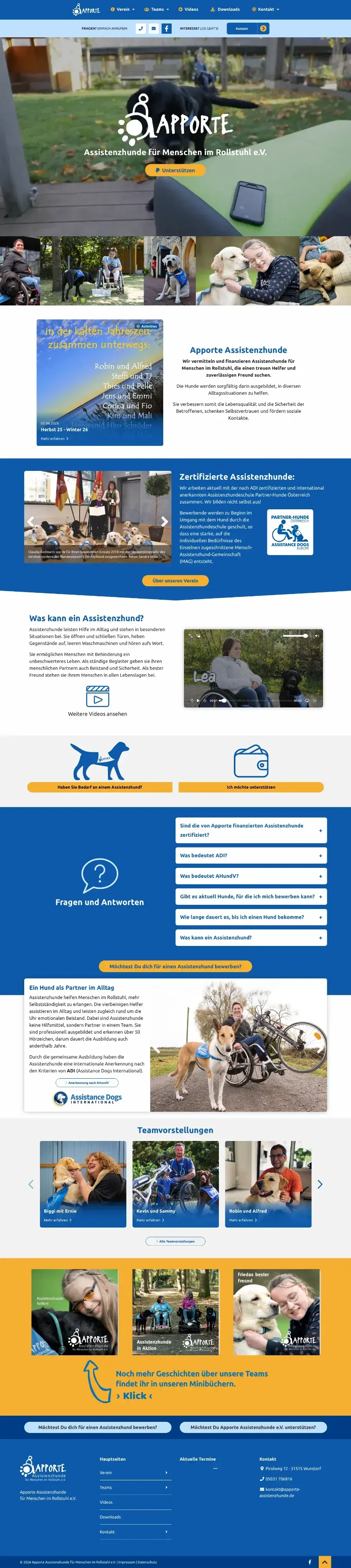Apporte Assistenzhunde Startseite mit Teams FAQ und Spendenbereich