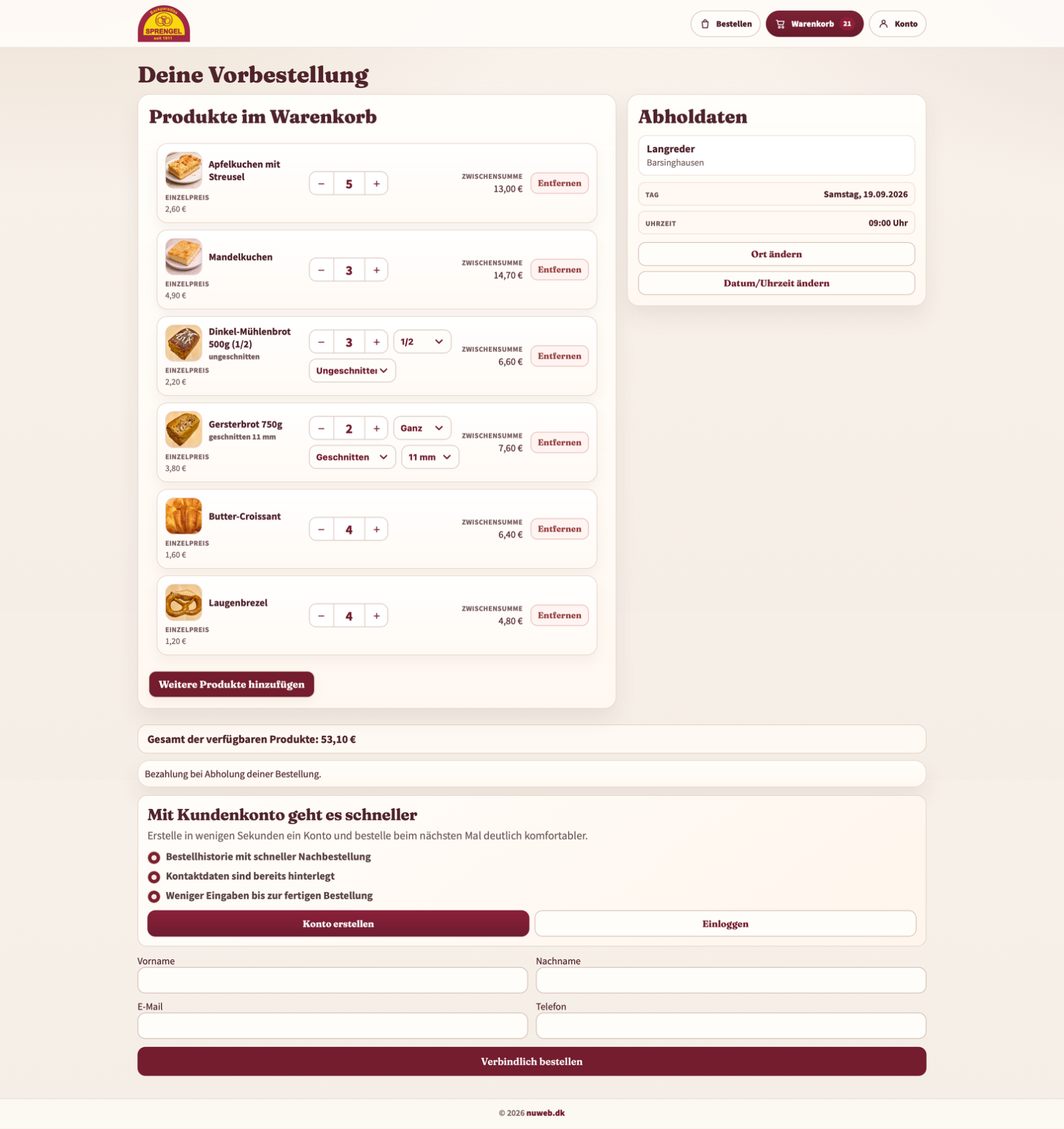 Order summary with basket, branch, collection date and time