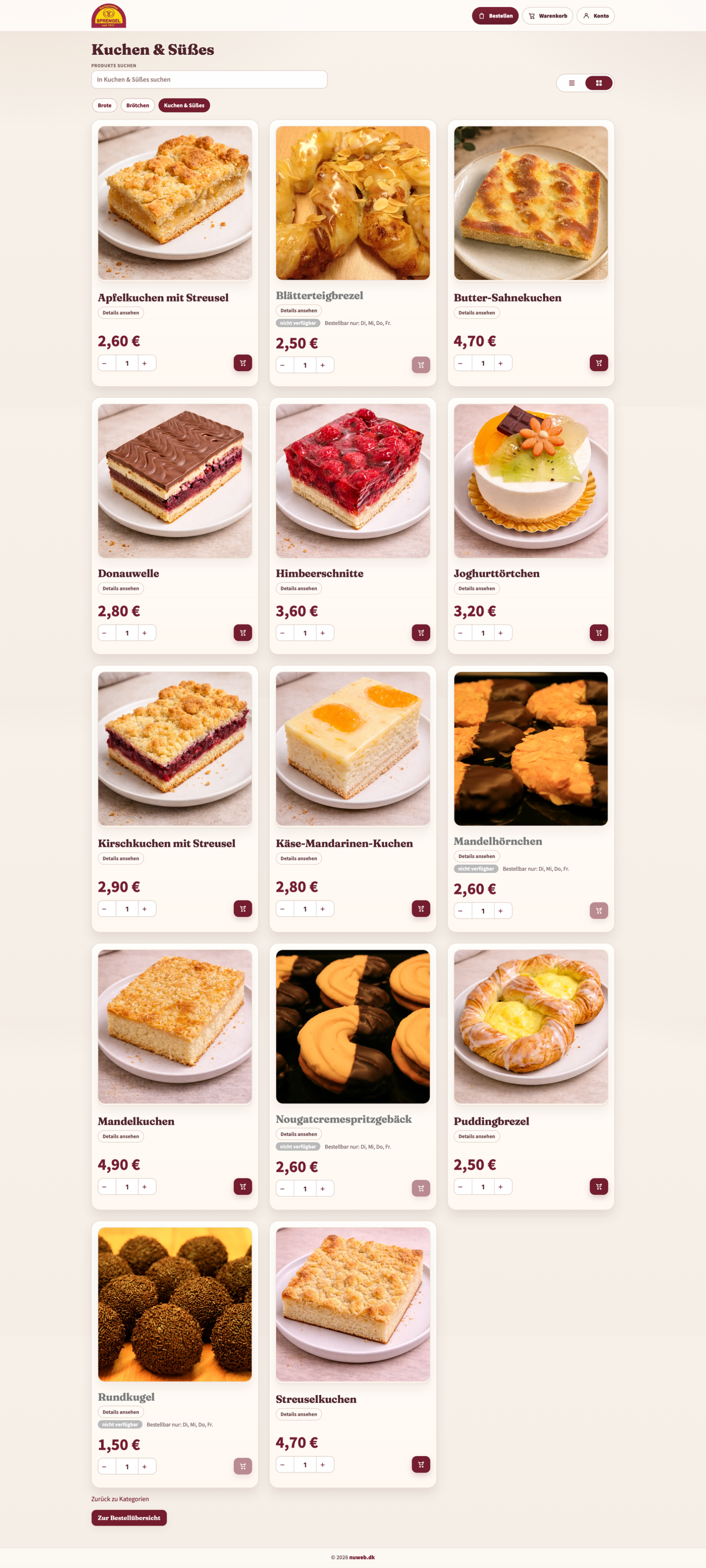 Backparadies Sprengel's custom click-and-collect service with baked goods and a shopping basket