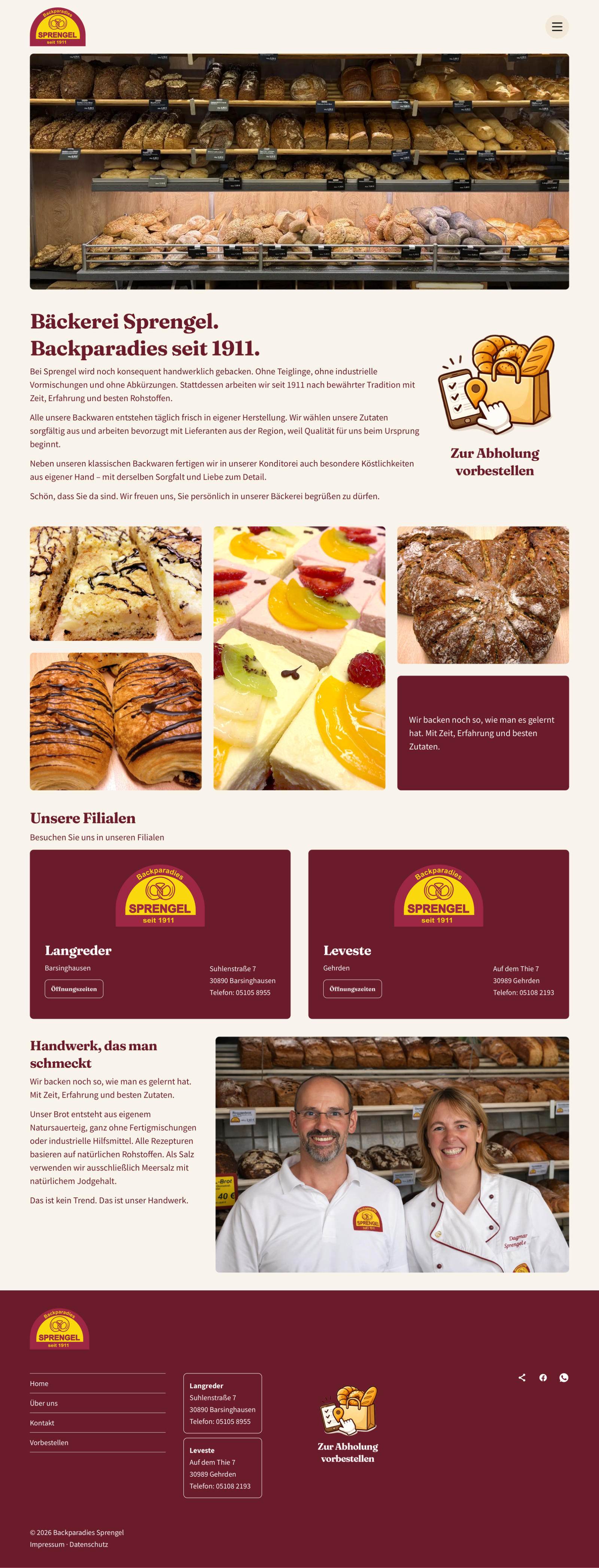Sprengel bakery website with its product range and branches