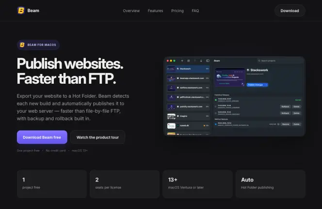 Beam App für schnelle Website-Veröffentlichungen auf dem Mac