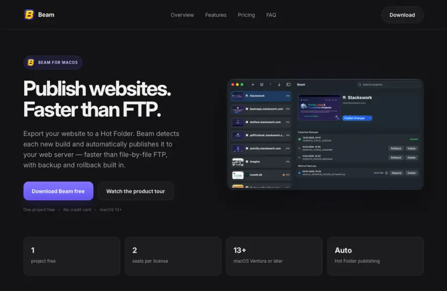 Beam App für schnelle Website-Veröffentlichungen auf dem Mac