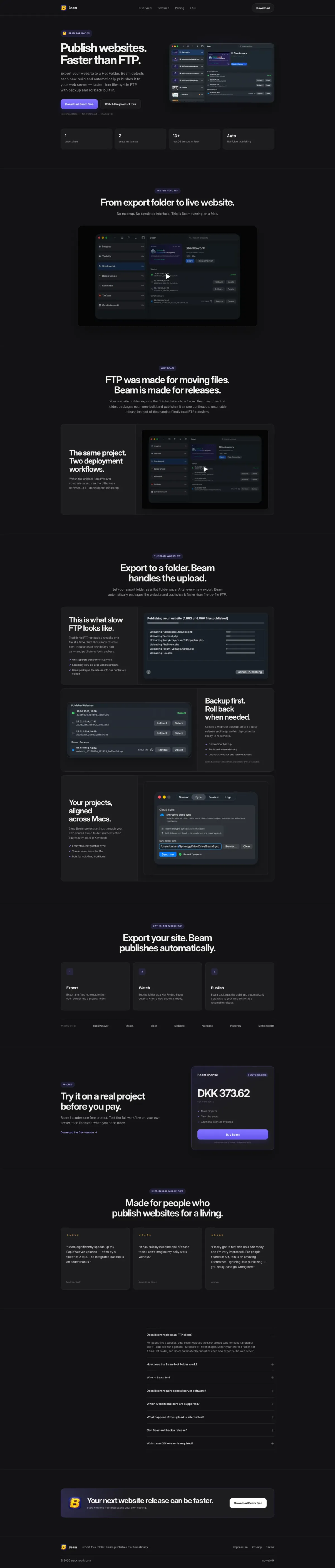 Beam App Produktwebsite mit Funktionen, Workflow, Preis und FAQ