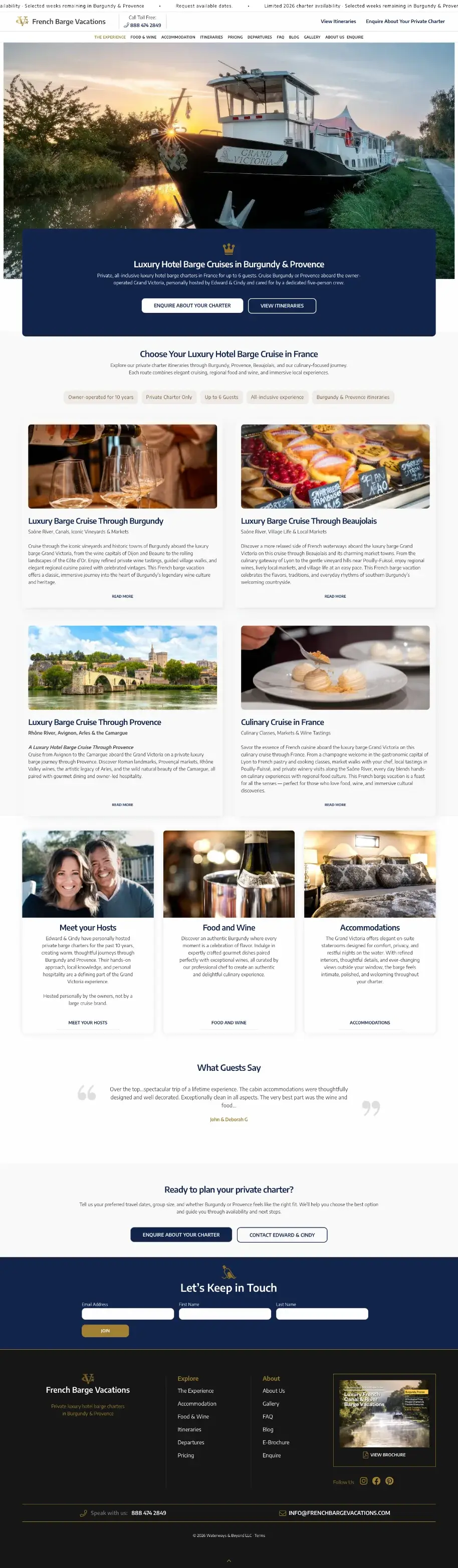 French Barge Vacations Startseite mit Itineraries und Anfrageführung
