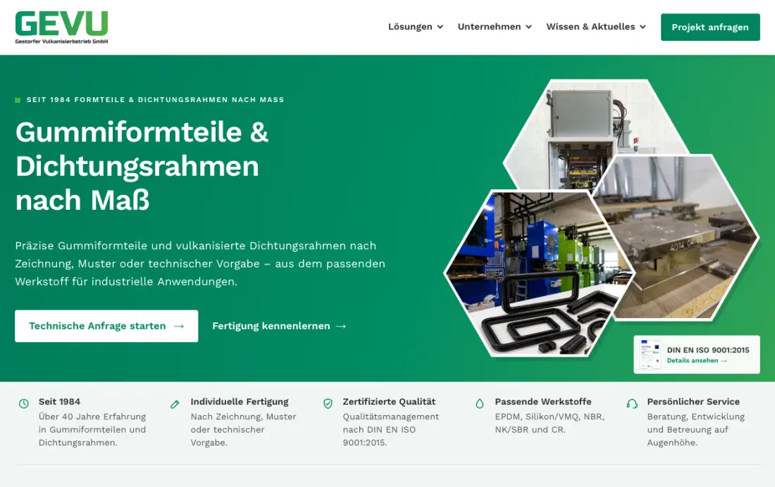 GEVU GmbH website for moulded rubber parts and sealing frames