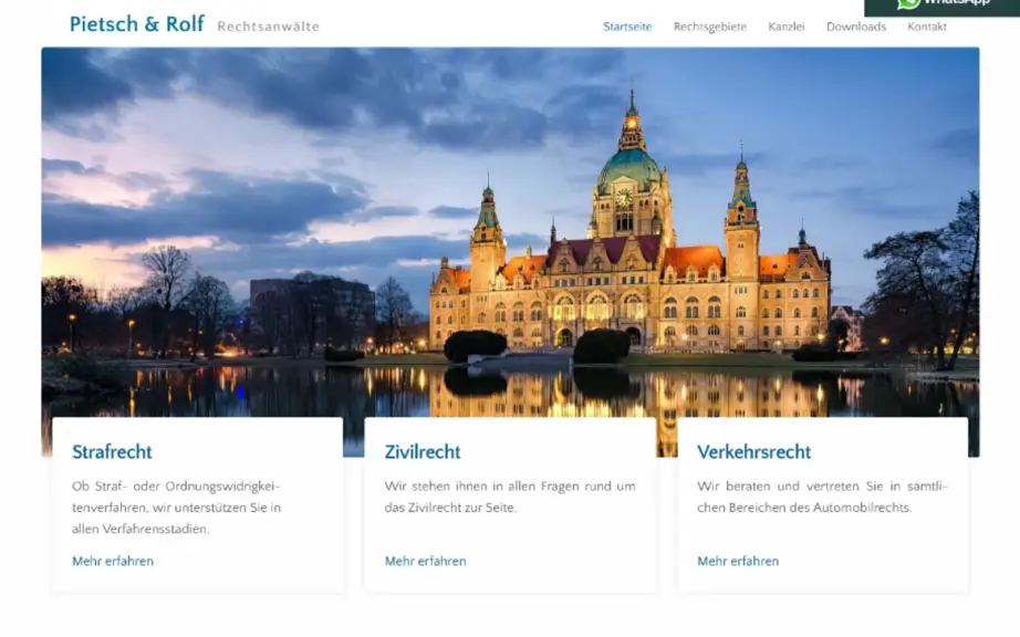 Pietsch und Rolf Rechtsanwälte Website mit Rechtsgebieten
