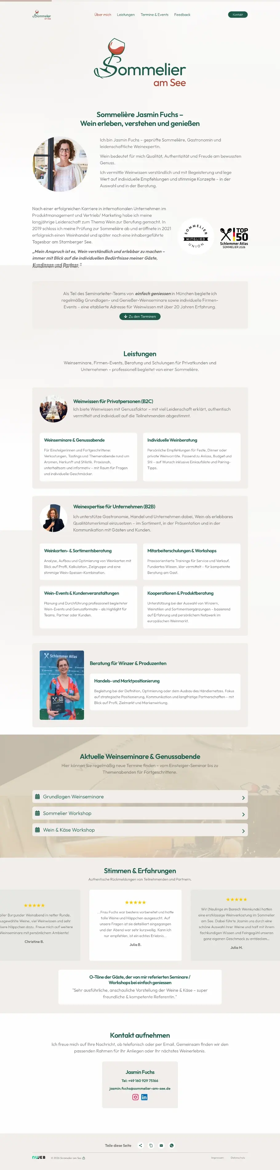 Sommelier am See Startseite mit Leistungen, Kursseiten und Feedback